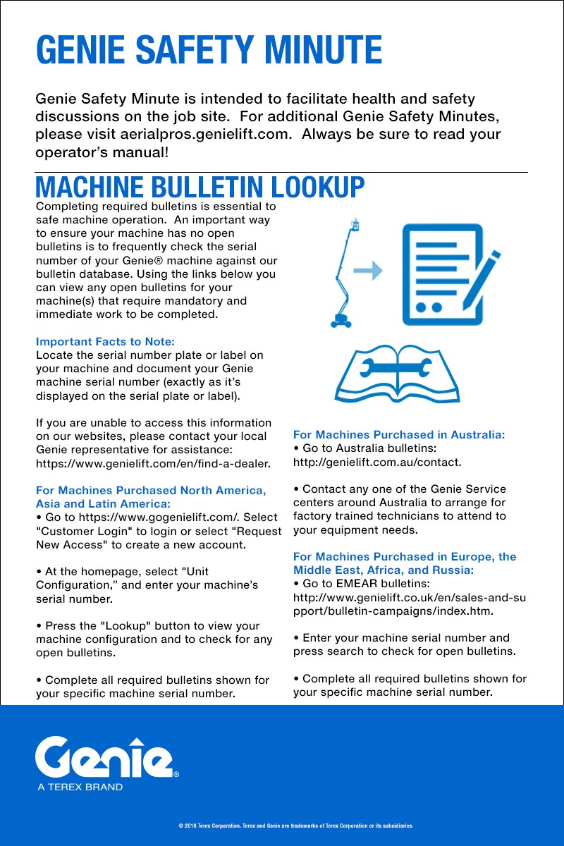 COPY IMAGE Genie Safety Minute: Machine Bulletin Lookup Genie Safety Minute: Machine Bulletin Lookup